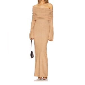SEROYA Maya Tan Off-Shoulder Sweater Dress